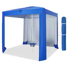 Costway - 6.6'x6.6' Beach Cabana, Portable Beach Shade Canopy with Sand Anchor, Cup Holders & Sandbags - Blue