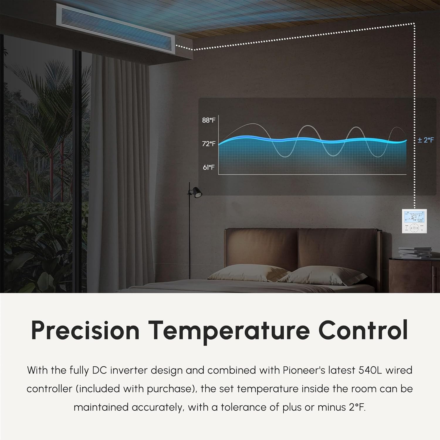 Precision Temperature Control

With the fully DC inverter design and combined with Pioneer's latest 540L wired controller (included with purchase), the set temperature inside the room can be maintained accurately, with a tolerance of plus or minus 2°F.