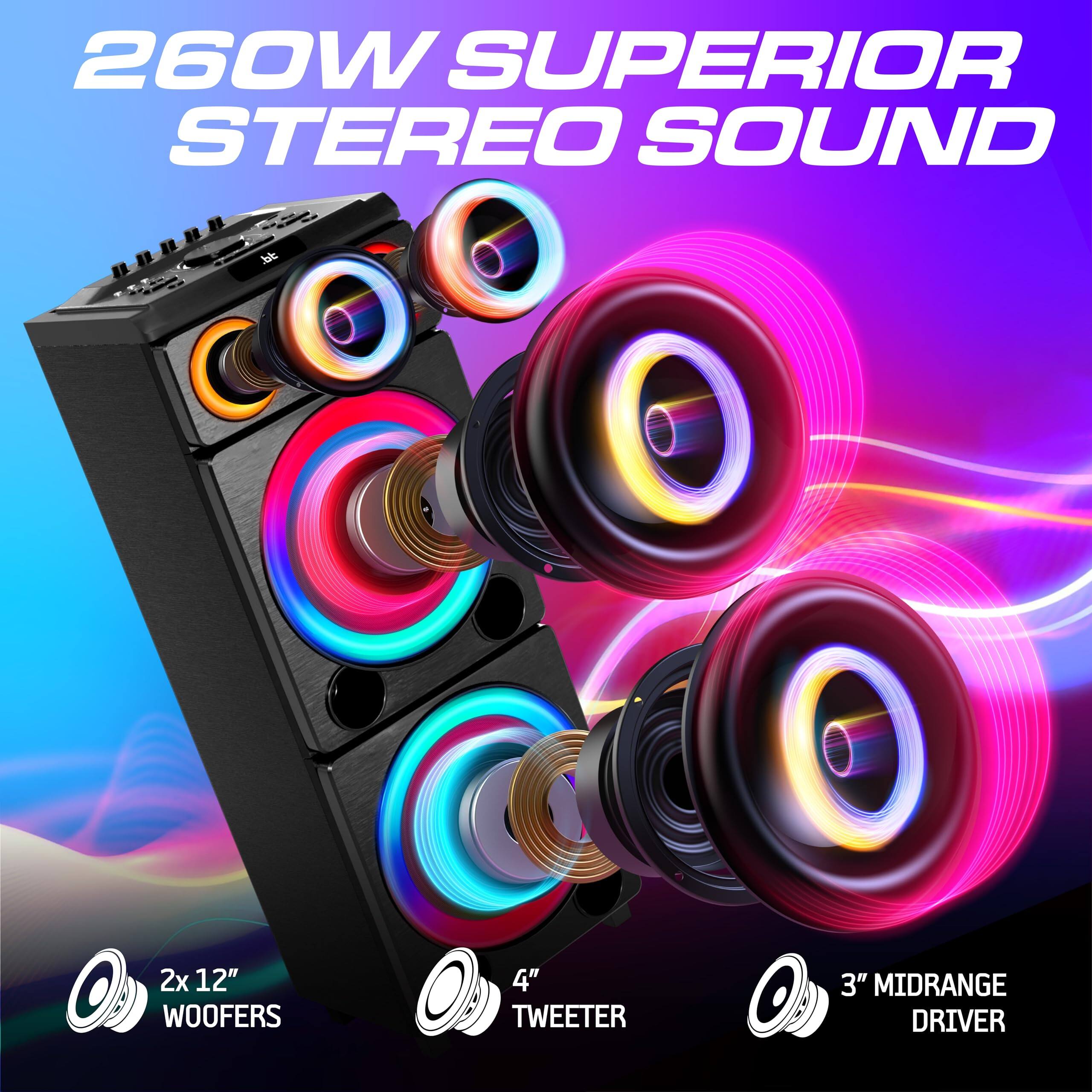 260W SUPERIOR STEREO SOUND  
2x 12" WOOFERS  
4" TWEETER  
3" MIDRANGE DRIVER