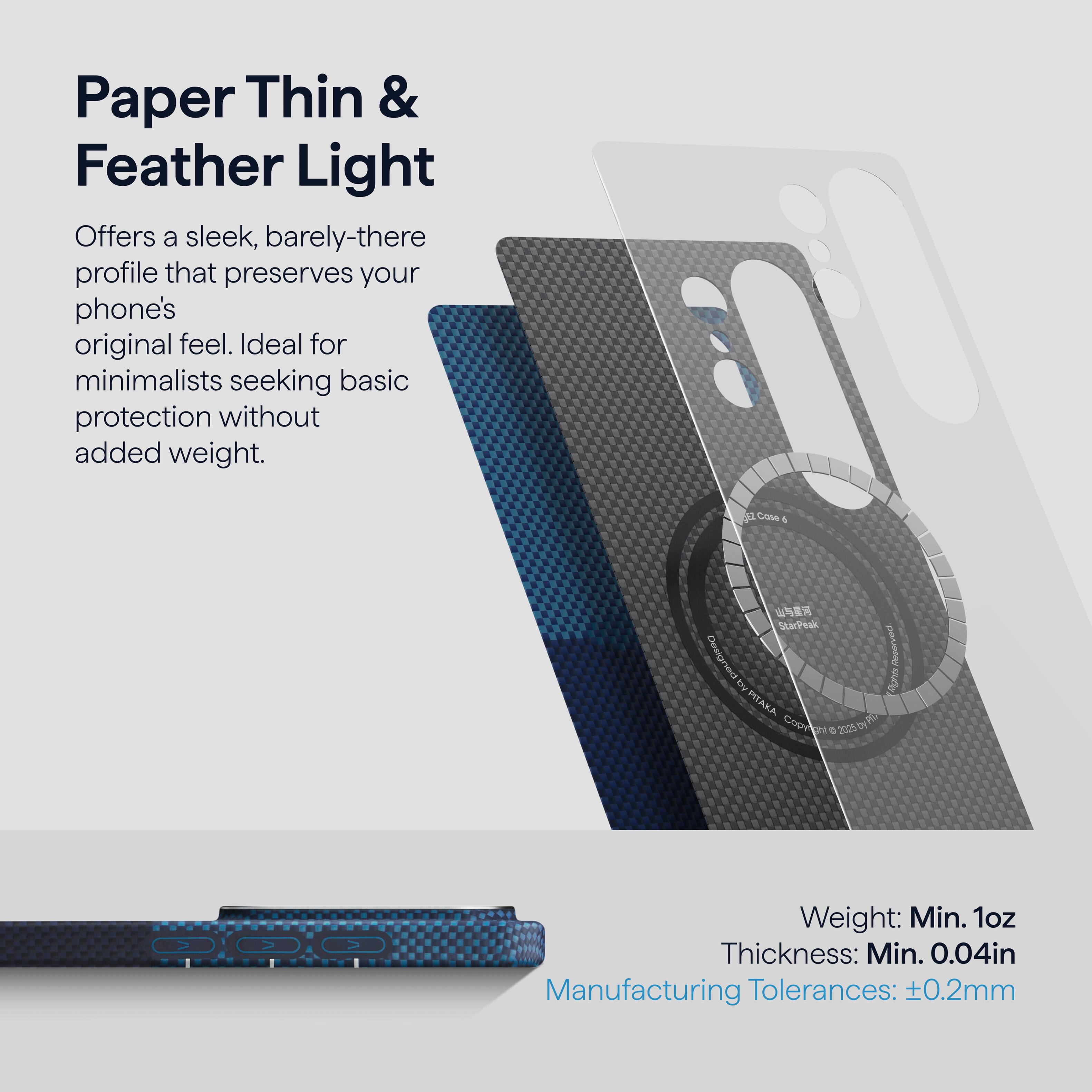 Paper Thin & Feather Light

Offers a sleek, barely-there profile that preserves your phone's original feel. Ideal for minimalists seeking basic protection without added weight.

Weight: Min. 1oz  
Thickness: Min. 0.04in  
Manufacturing Tolerances: ±0.2mm