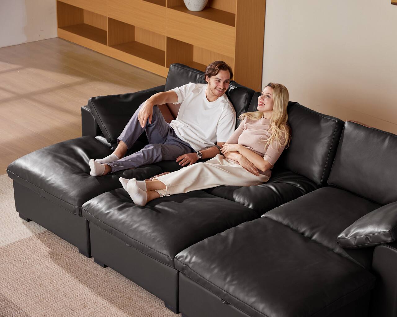Left. Dyonery - Dyonery 120" Sectional Couches,Modern Modular Sectional Sofa,with Comfy Deep Seats,Fluffy L-Shape PU Leather Sofa Couch - Black.