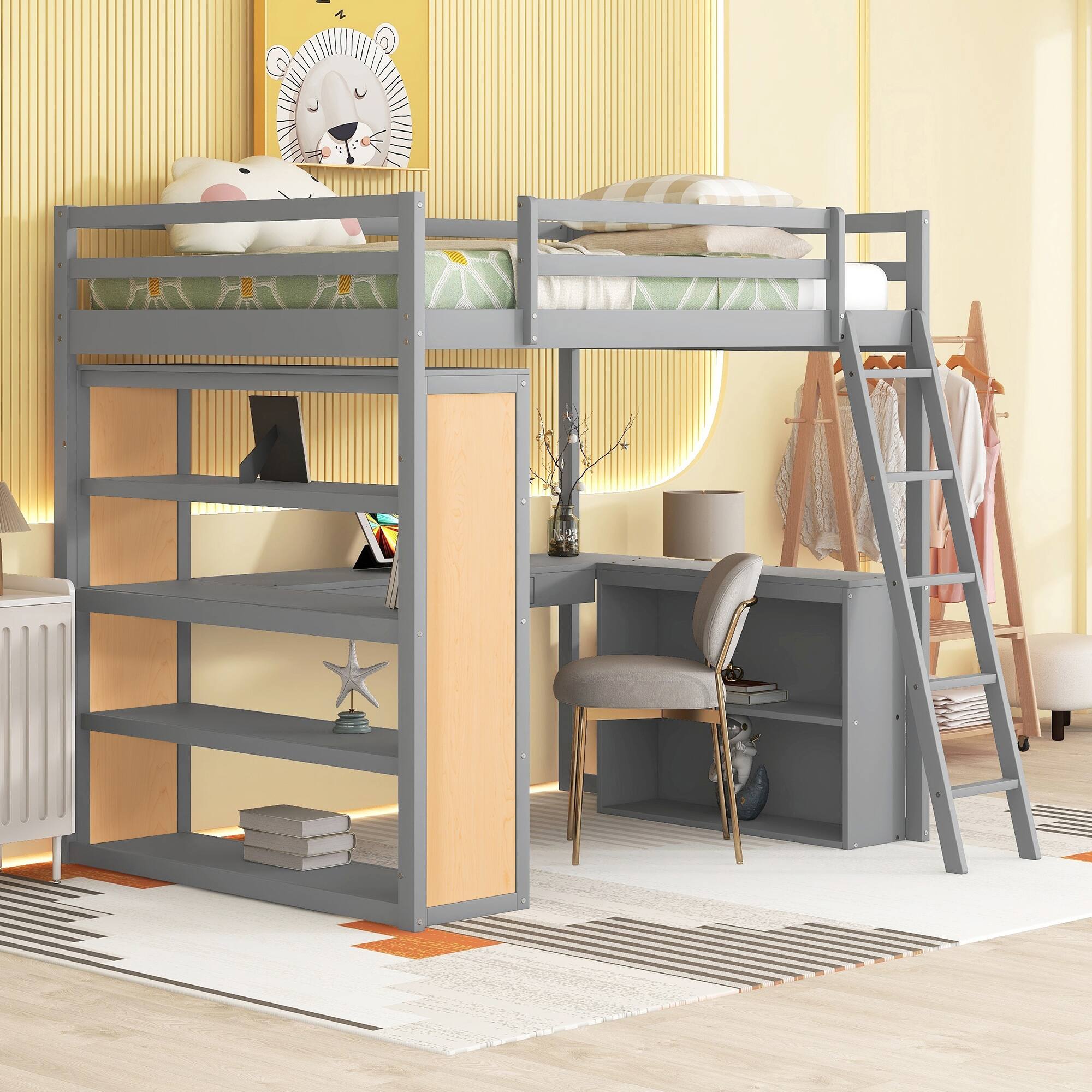 Left. Aukfa - Full Size Loft Bed with Ladder, Shelves, and Desk - Gray.