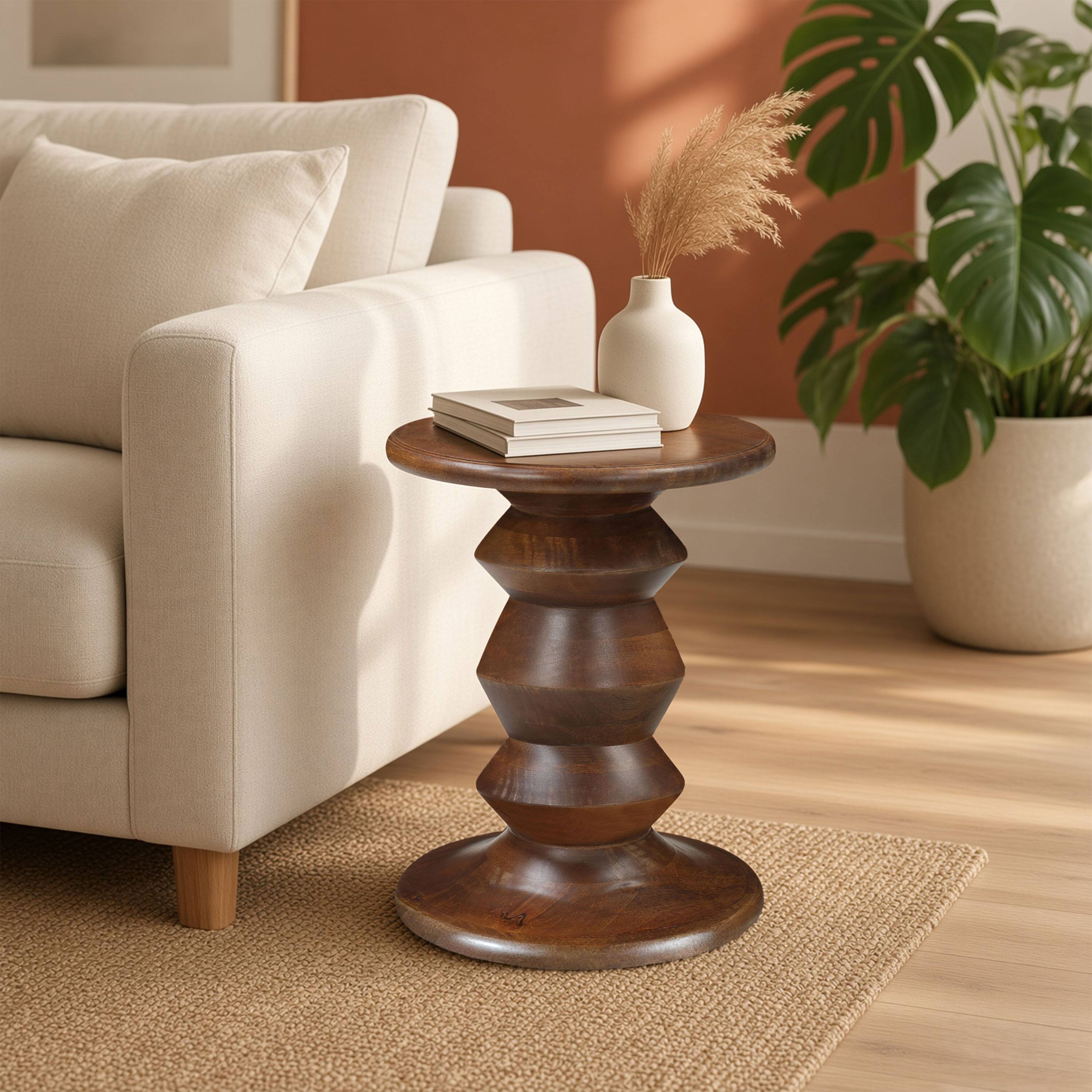 Alt View 7. Manhattan Lane - Jie Side End Table, Sculpted Pedestal Base, Mango Wood, 18.5 Inch - Walnut Brown.
