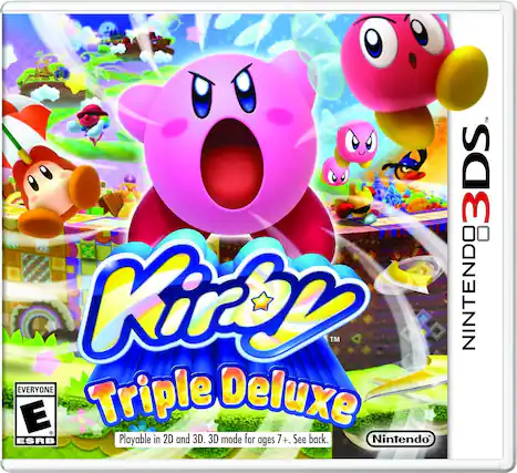 Sure, here is the corrected and grouped text from the image:
---
**Nintendo 3DS**
**Kirby Triple Deluxe**
**TM**
**Playable in 2D and 3D. 3D mode for ages 7+. See back.**
**Nintendo**
**EVERYONE E**
**ESRB**
---
This text is arranged as it appears on the cover of the game. - E (Everyone)