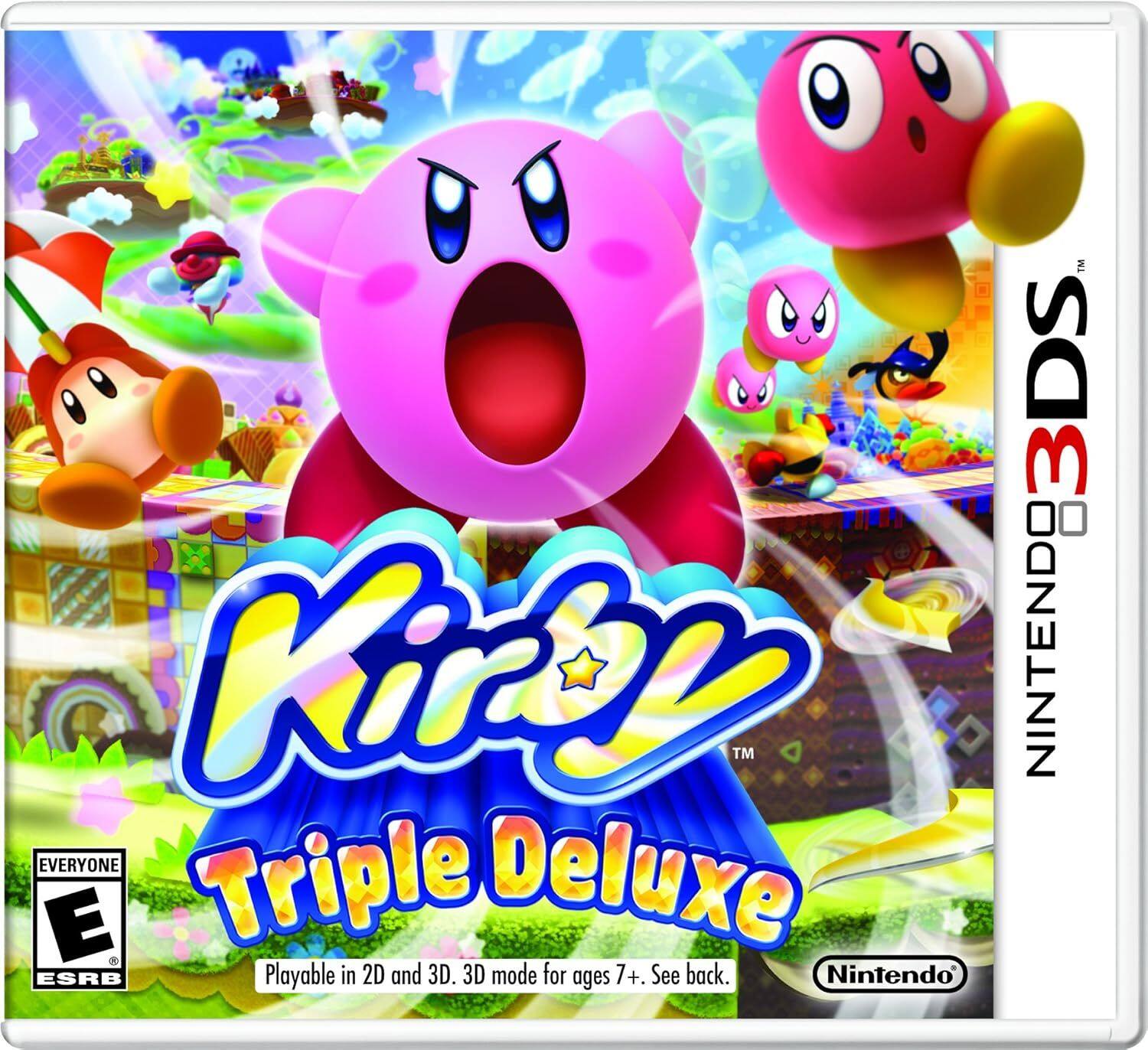 Sure, here is the corrected and grouped text from the image:

---

**Nintendo 3DS**

**Kirby Triple Deluxe**

**TM**

**Playable in 2D and 3D. 3D mode for ages 7+. See back.**

**Nintendo**

**EVERYONE E**

**ESRB**

---

This text is arranged as it appears on the cover of the game.