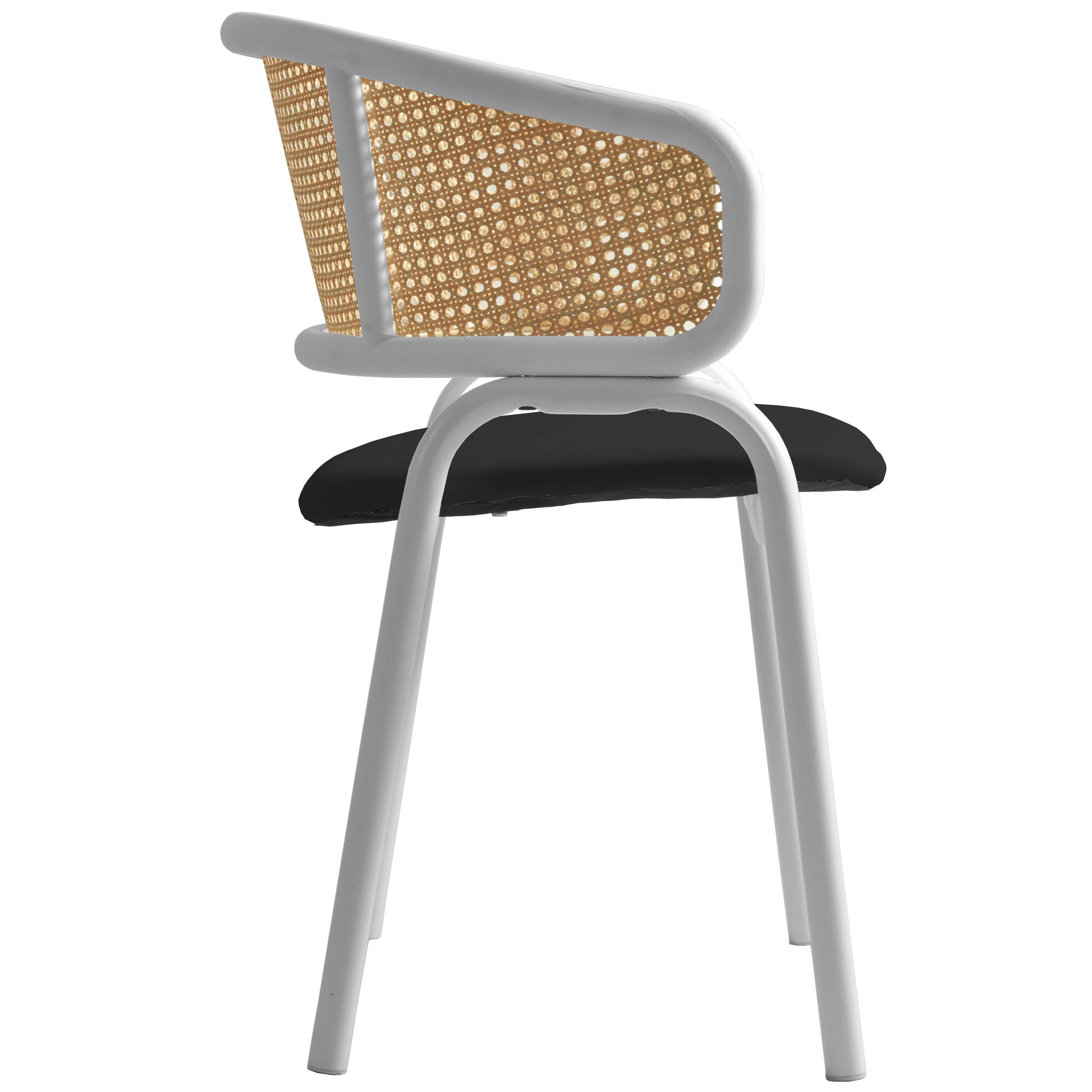 Alt View 5. LeisureMod - Ervilla 4-PCS Modern Rattan and Leather Dining Chair - Mid-Century Kitchen Accent Chair, White Metal Frame - Black.