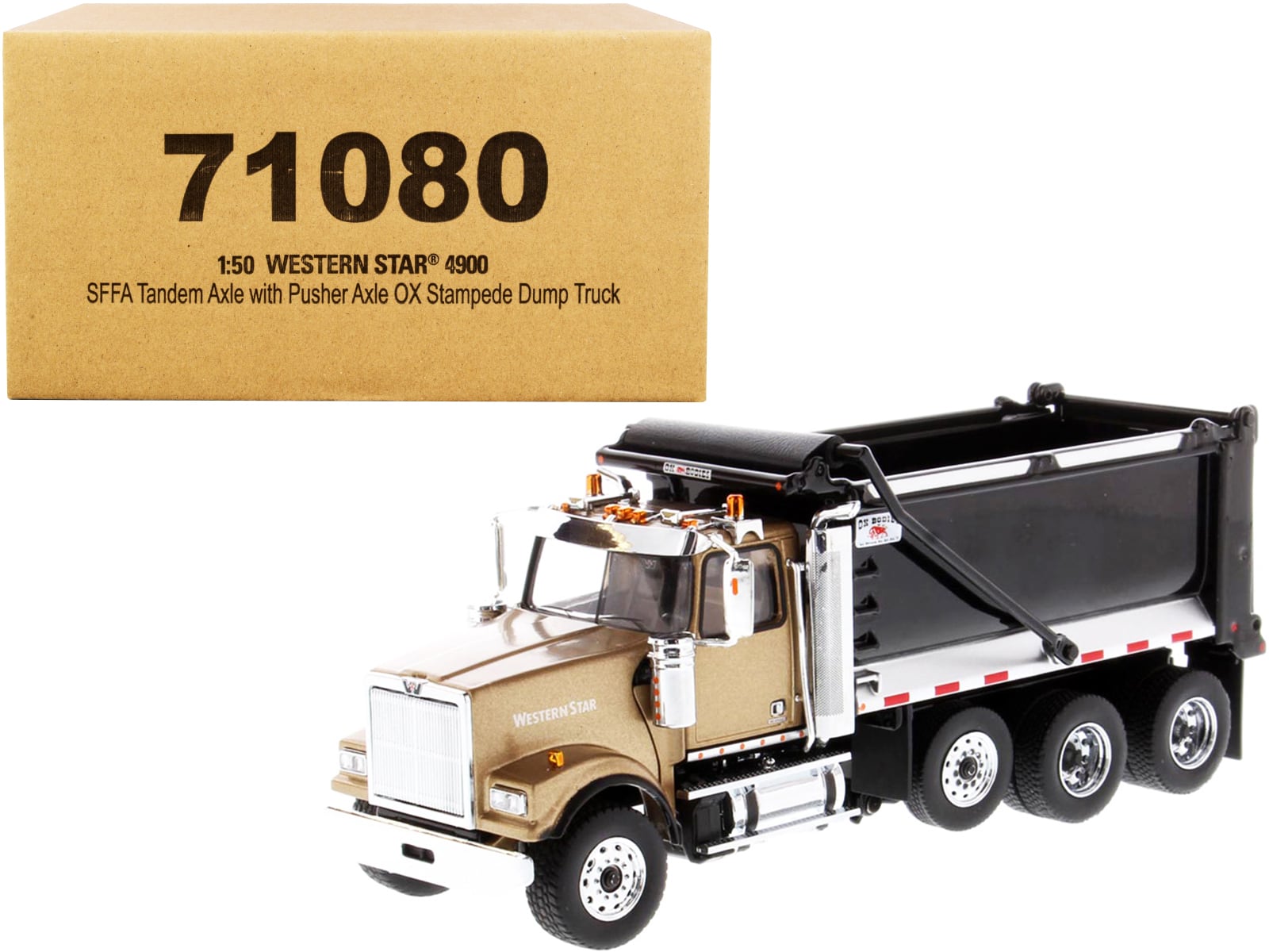 Western Star 4900 SFFA Tandem w/Pusher Axle OX Stampede Dump Truck Gold & Black 1/50 Diecast Model by Diecast Masters price history on PriceWatchPro