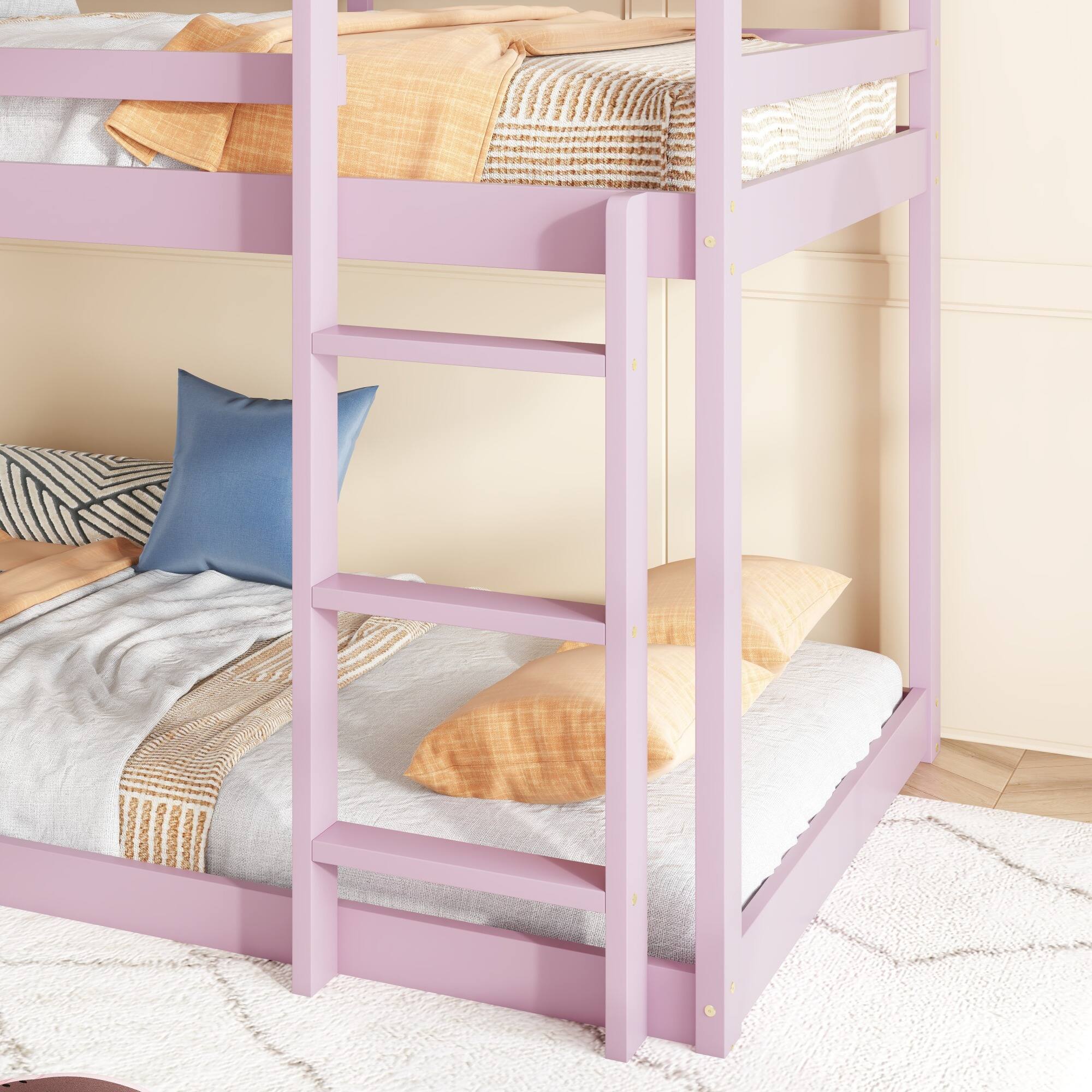 Alt View 9. GOODSILO - House-Shaped Twin Over Twin Rubber Wood Bunk Bed with Ladder and Guardrails for Kids - Pink.
