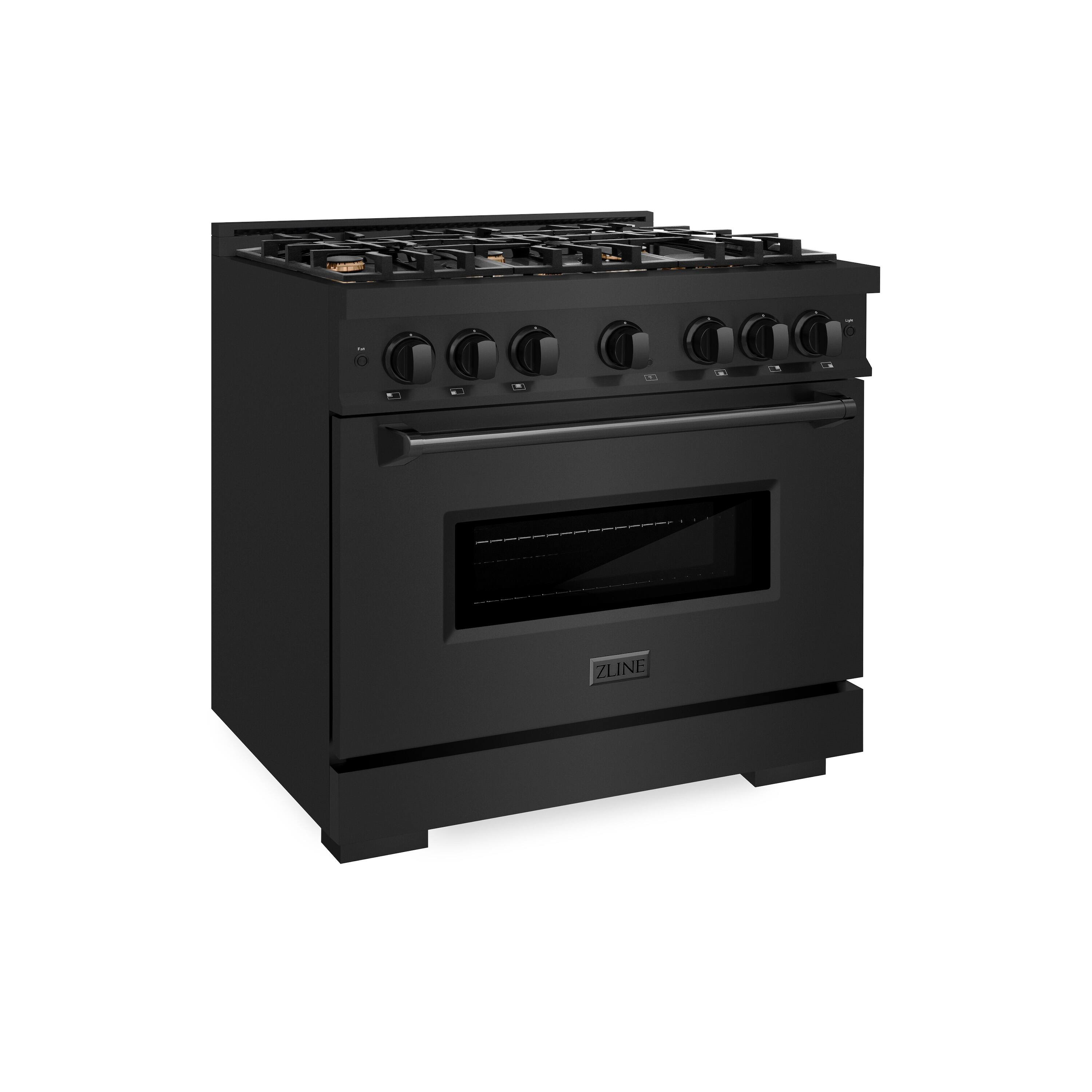 Left. ZLINE - ZLINE 36" Classic Dual Fuel Black Stainless Convection Oven Range w/ 6 Brass Burners (CDRB-BR-36) - Black Stainless Steel.