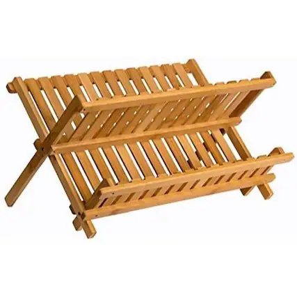 Front. Home It - Bamboo Drying Rack - 2 Tier Wooden Dish Drainer - Collapsible Compact Plate Rack for Kitchen - Beige.