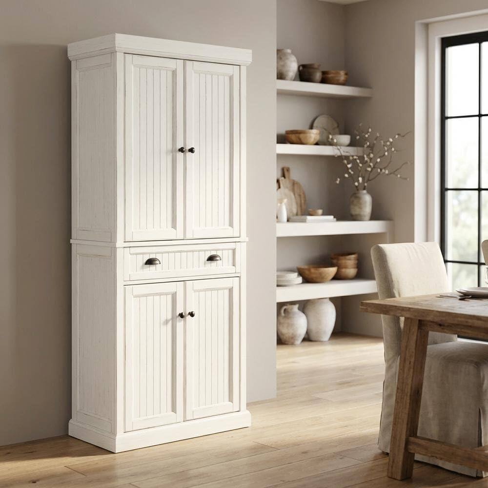 Back. FurniFact - White kitchen pantry cabinet with anti-tip safety feature - Distressed White.