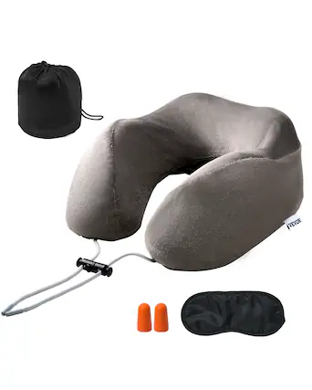 Front. VEVOR - Neck Pillow for Traveling, Upgraded Bamboo Charcoal Memory Foam Travel Neck Pillow with Eye Mask - Gray.