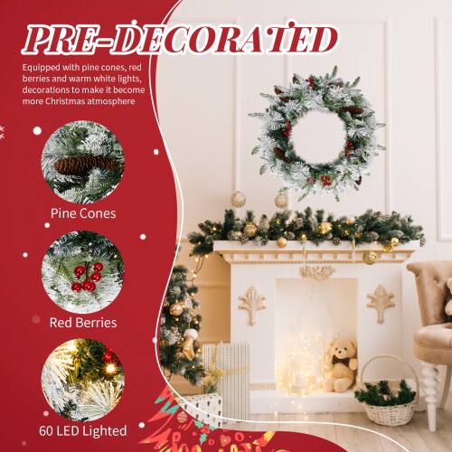 PRE-DECORATED  
Equipped with pine cones, red berries and warm white lights, decorations to make it become more Christmas atmosphere  

Pine Cones  
Red Berries  
60 LED Lighted