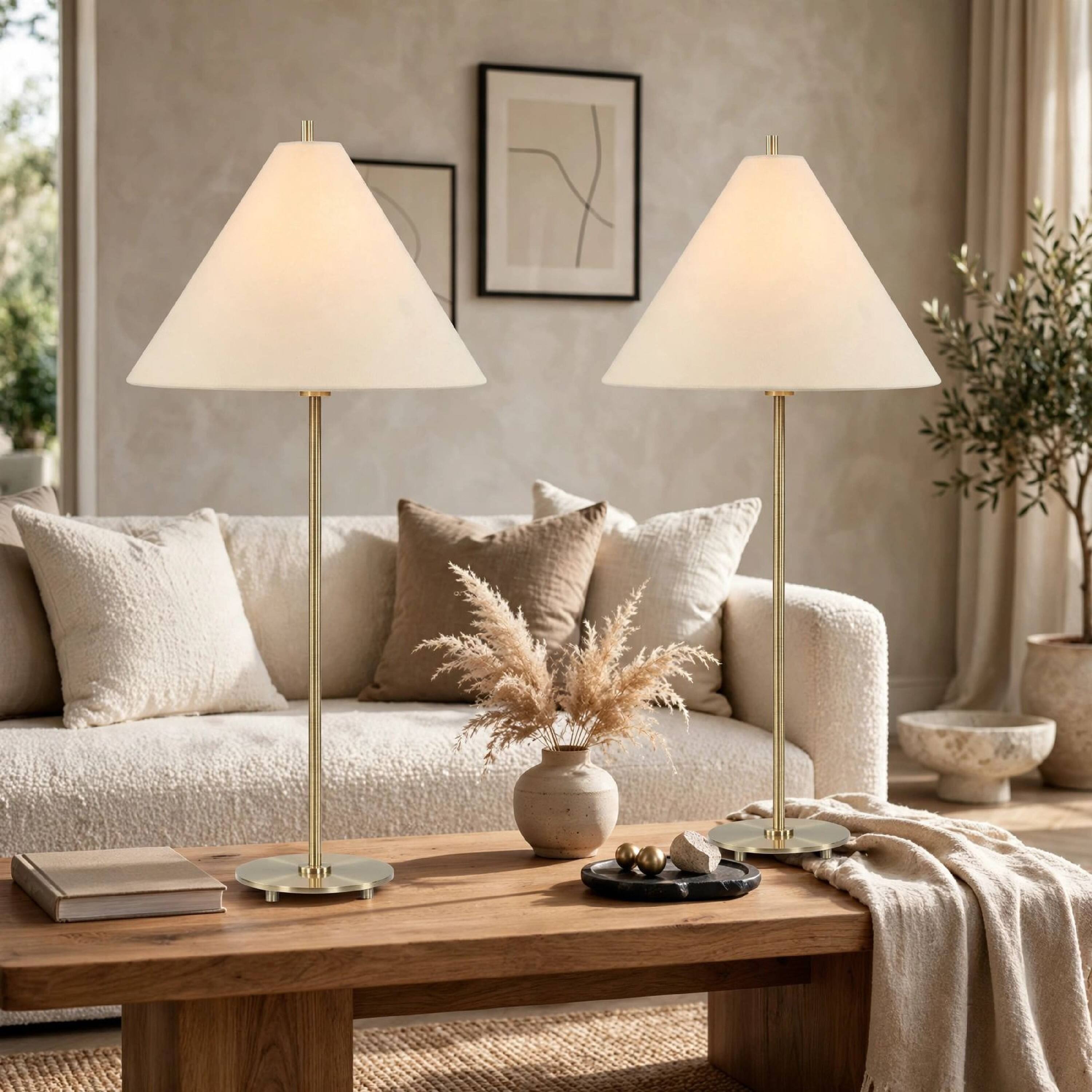 Alt View 4. Manhattan Lane - Table Lamp Set of 2, Linen Shades - Antique Brass, Off White.