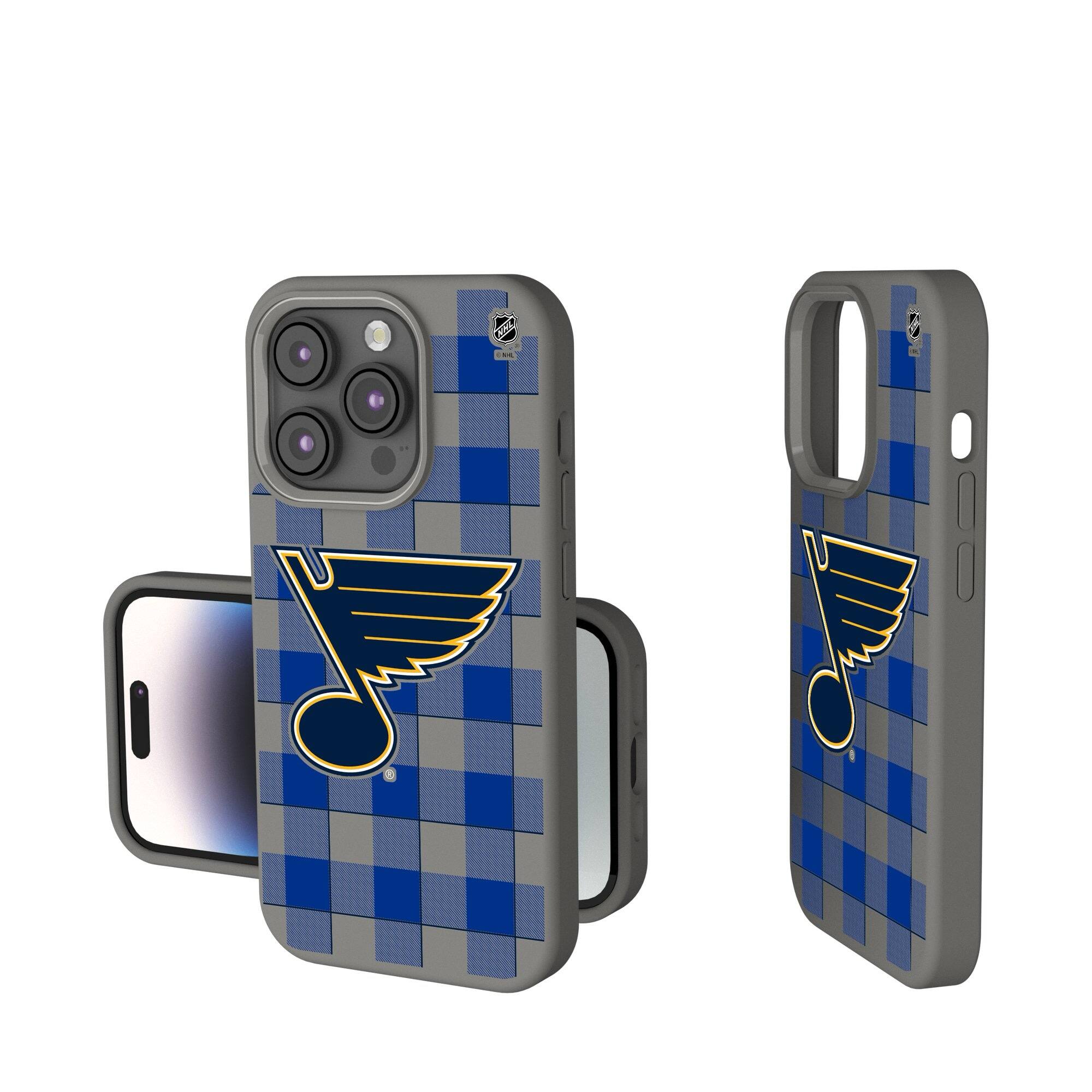 Front. Keyscaper - St. Louis Blues Plaid Soft Touch iPhone Case - 15 Pro - Gray.