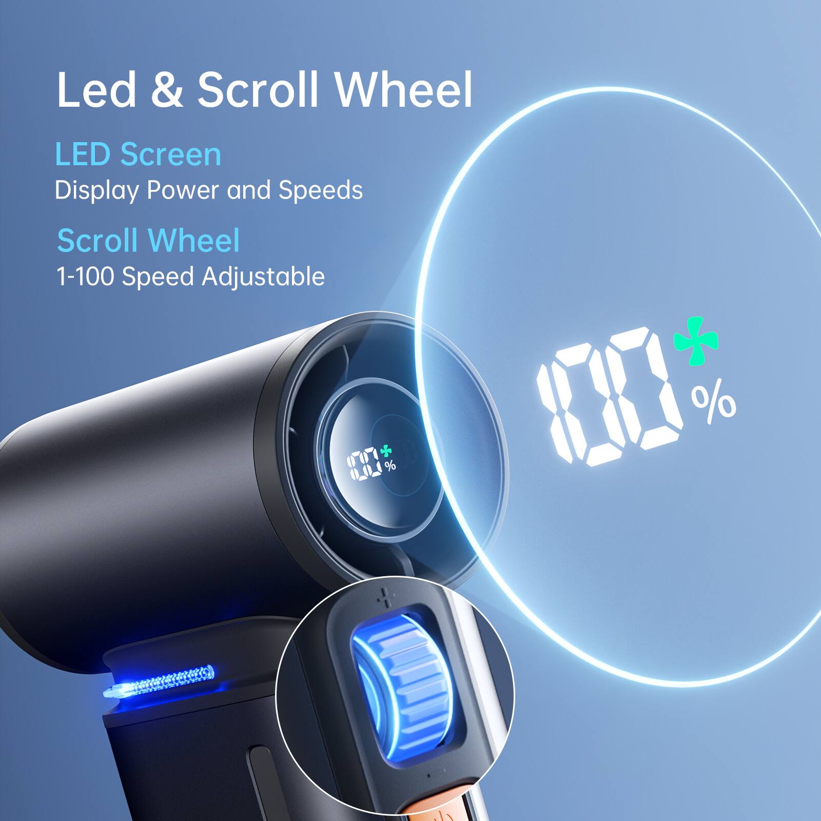 Led & Scroll Wheel

LED Screen
Display Power and Speeds

Scroll Wheel
1-100 Speed Adjustable