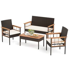 Costway - 4 PCS Wicker Furniture Set with Acacia Wood Tabletop Armrests Cushions for Backyard - Mix Brown+Off-White