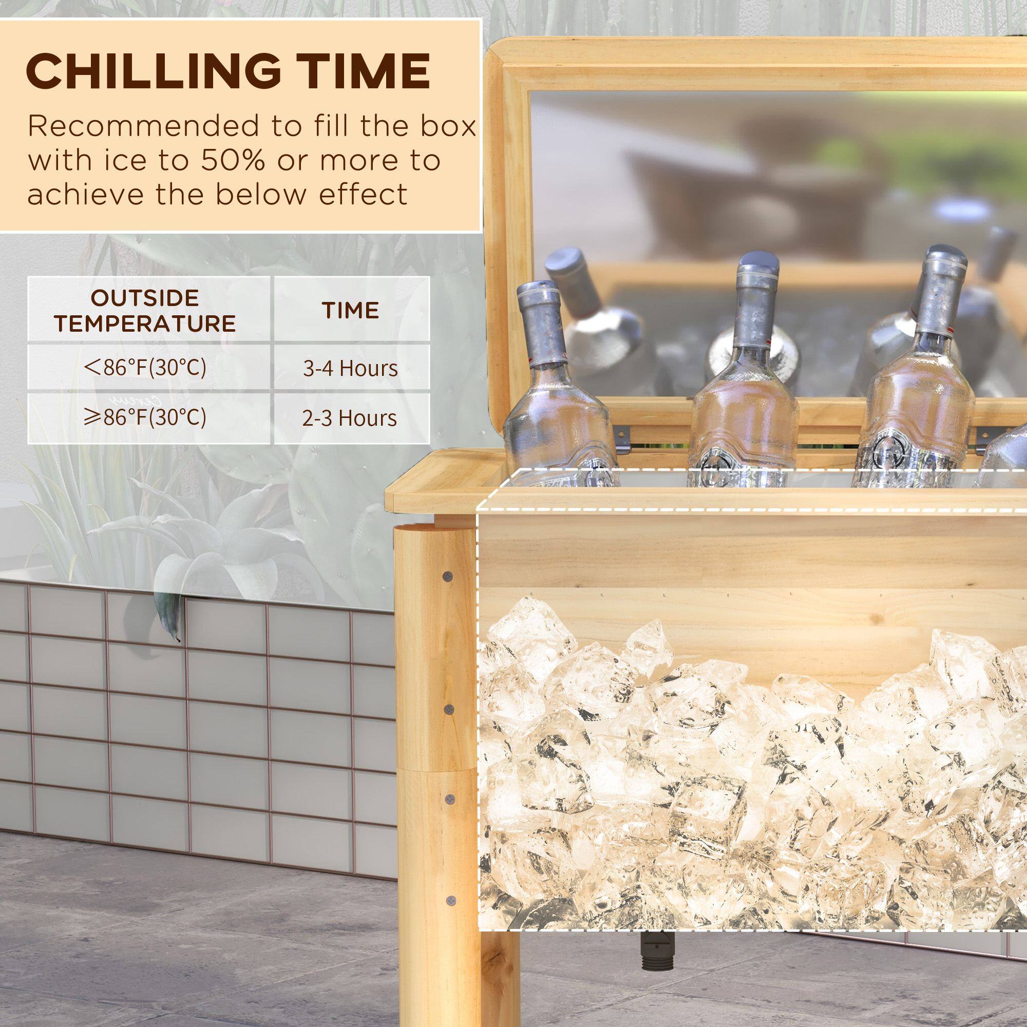 CHILLING TIME
Recommended to fill the box with ice to 50% or more to achieve the below effect

OUTSIDE TEMPERATURE
<86F(30°C) 3-4 Hours
≥86F(30°C) 2-3 Hours