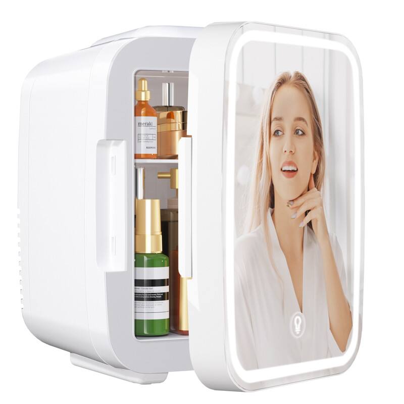 YASHE - Mini Skincare Fridge with LED Mirror, 4L/6 cans, cooler & warmer, portable for makeup, cosmetics, food, car - White