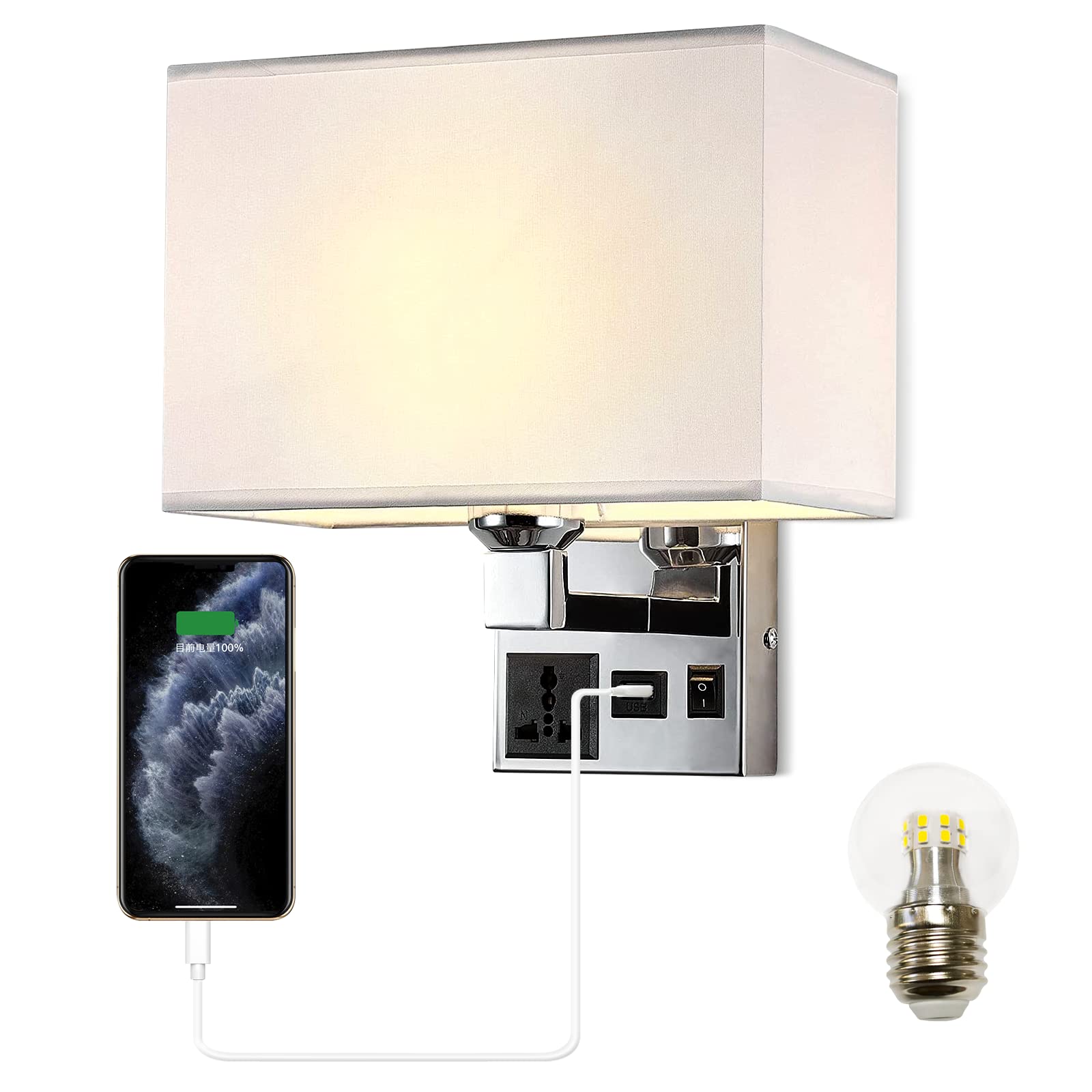 Front. TECH SAFARI - Bedside Wall Mount Light With Usb Led Reading Swing Arm Fabric Shade Sconce HardwiLamp For Bedroom Living R - Chrome.