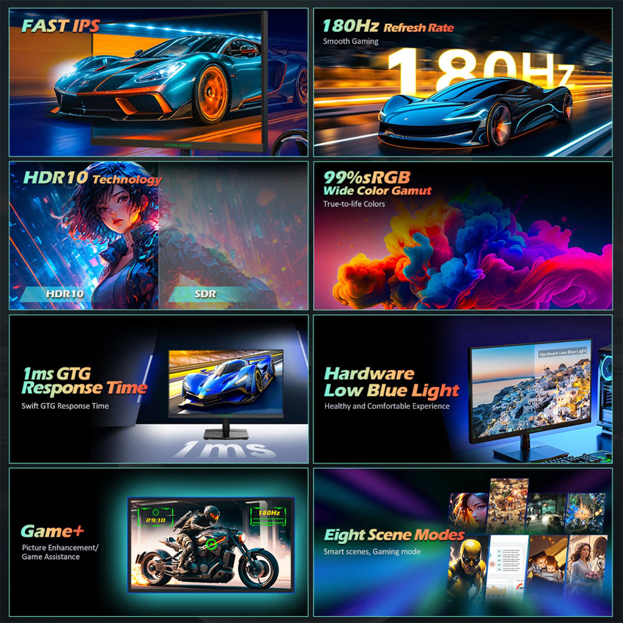 FAST IPS  
180Hz Refresh Rate  
Smooth Gaming  
HDR10 Technology  
99%sRGB Wide Color Gamut  
True-to-life Colors  
1ms GTG Response Time  
Hardware Low Blue Light  
Healthy and Comfortable Experience  
Game+ Picture Enhancement/ Game Assistance  
Eight Scene Modes  
Smart scenes, Gaming mode