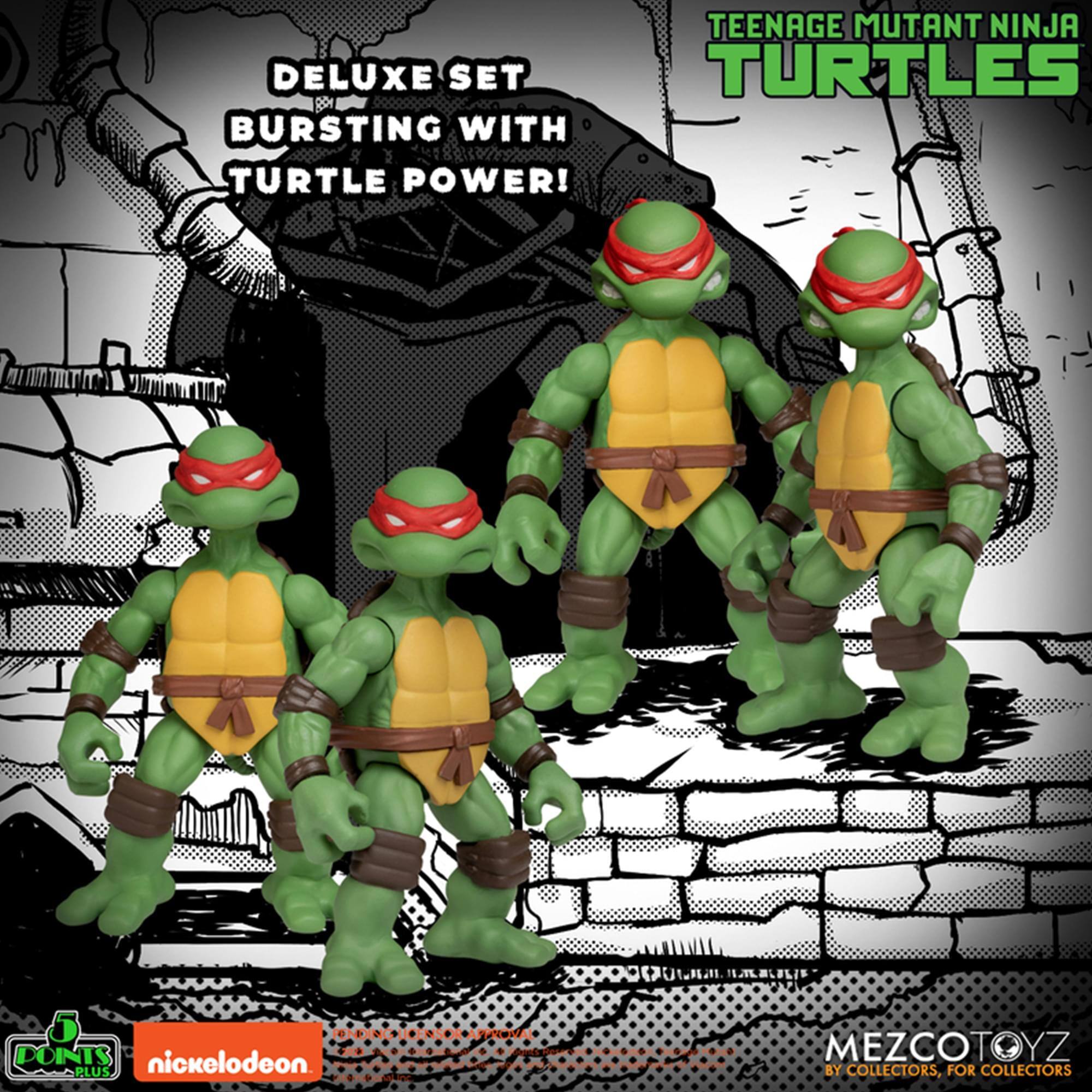 TEENAGE MUTANT NINJA TURTLES  
DELUXE SET  
BURSTING WITH TURTLE POWER!  

DOIN' TURTLES  
nickelodeon  
APLUS  
MEZCOTOYZ  
BY COLLECTORS, FOR COLLECTORS