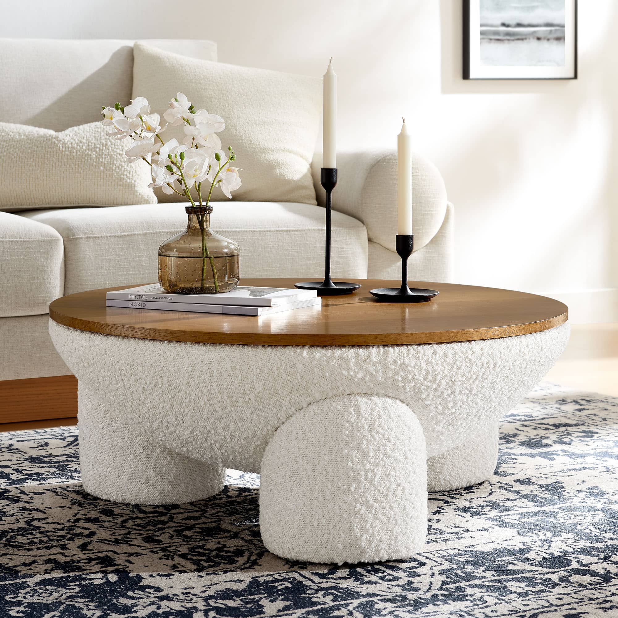 Tridome Round Boucle Upholstered Storage Coffee Table by Modway - Natural Ivory