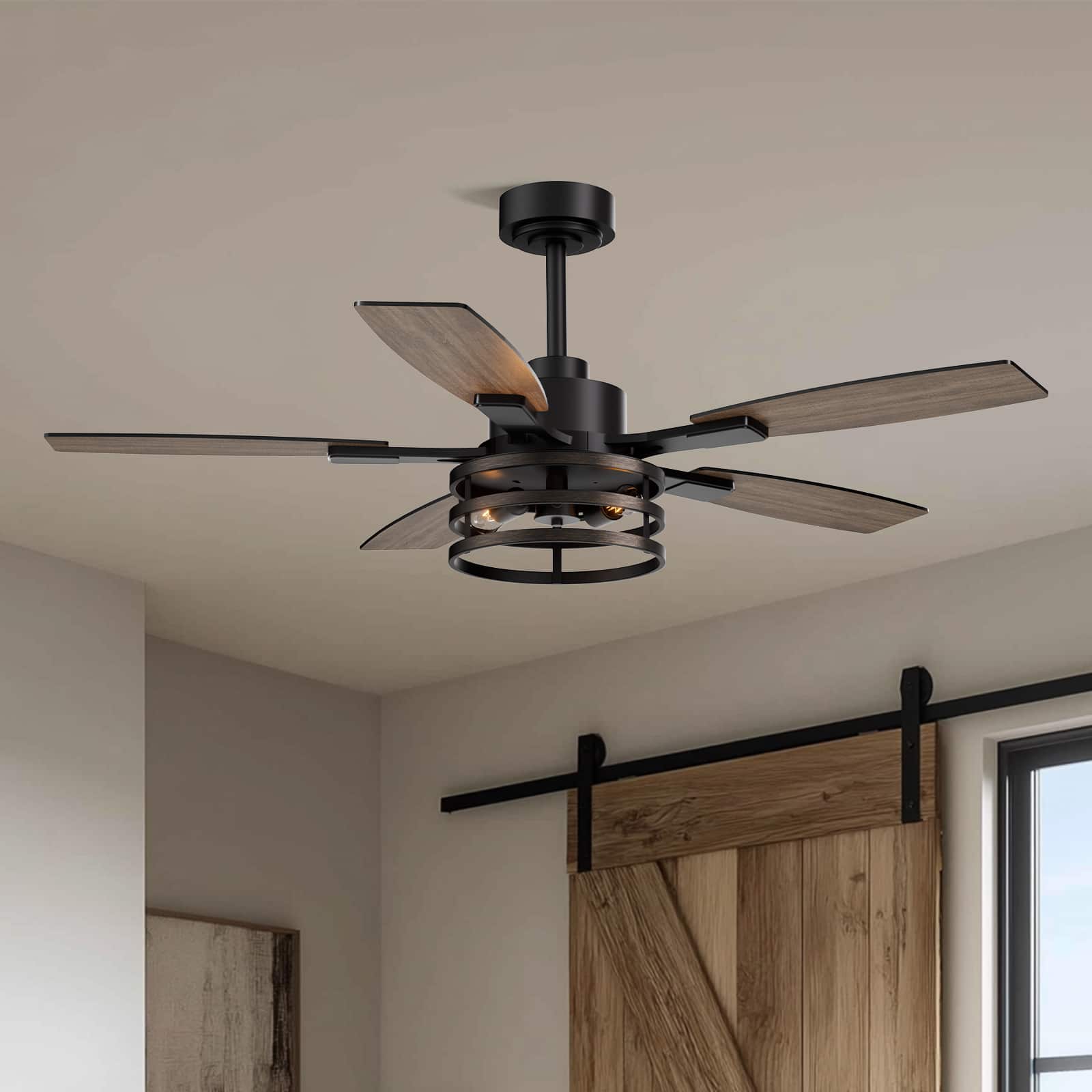 Siljoy - 52 Inch Farmhouse Cage Ceiling Fan with Light 5 Walnut or Black Blades Remote for Bedroom Living Room Patio - Brown price history on PriceWatchPro