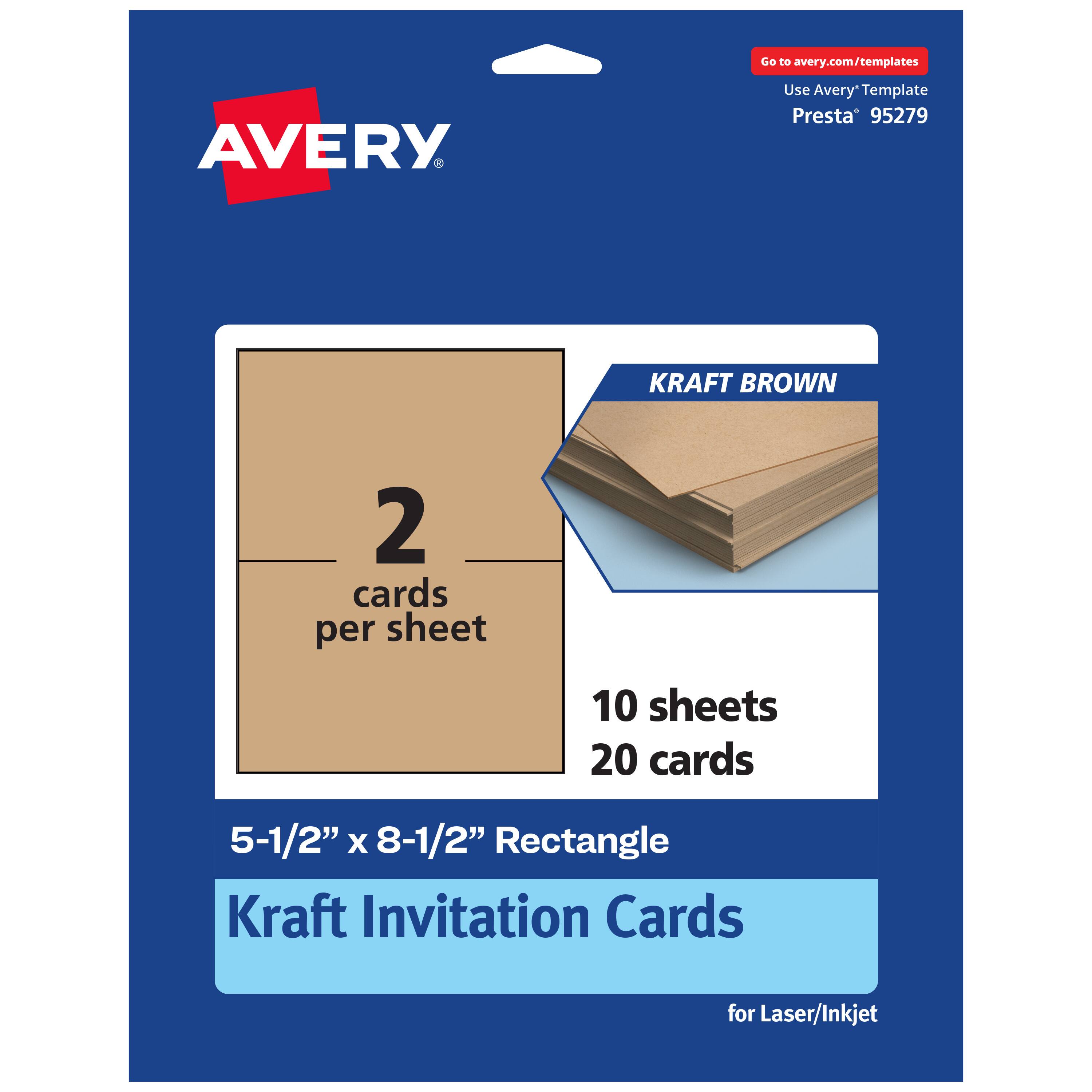 Go to avery.com/templates  
AVERY  
Use Avery Template Presta® 95279  

KRAFT BROWN  
2 cards per sheet  
10 sheets 20 cards  

5-1/2" x 8-1/2" Rectangle  
Kraft Invitation Cards  
for Laser/Inkjet