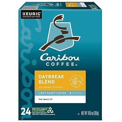 KEURIG GENUINE K-CUP PODS  
Caribou Coffee  
DAYBREAK BLEND  
SUSTAINABLY SOURCED  
LIGHT ROAST COFFEE  
THE WAKE UP  
24 K-CUP PODS  
RECYCLABLE  
NET WT 10.0 OZ (283g)