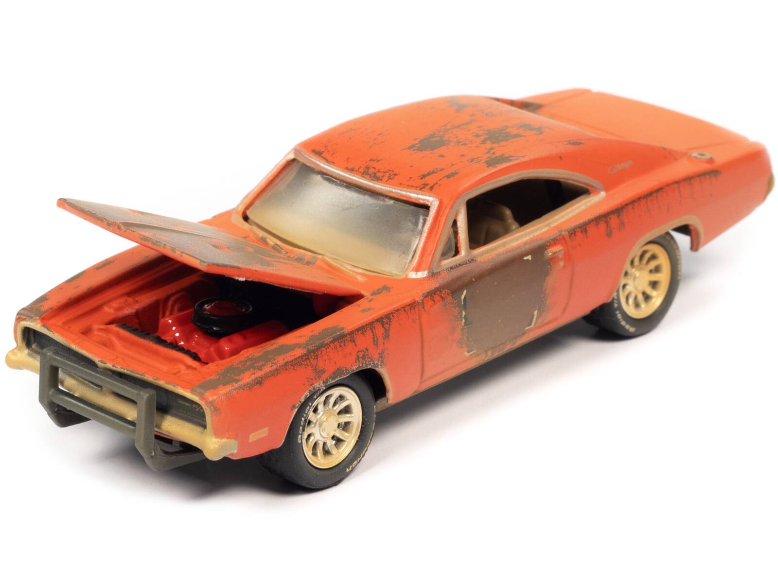 Left. Johnny Lightning - 1969 Dodge Charger R/T Orange (Unrestored) "Barn Finds" 1/64 Diecast Model Car by Johnny Lightning - Orange.