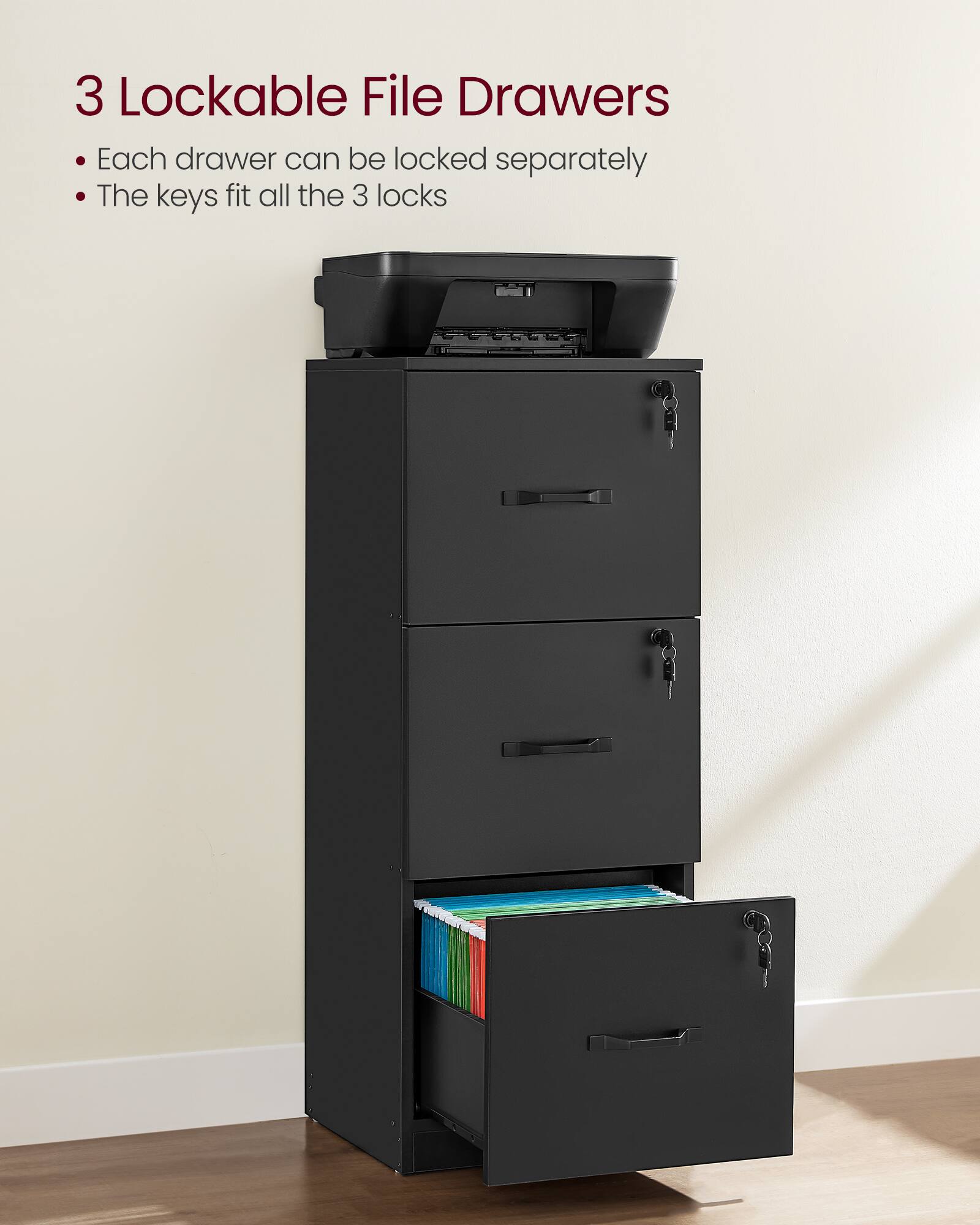 3 Lockable File Drawers

- Each drawer can be locked separately
- The keys fit all the 3 locks