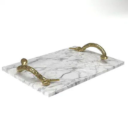 Front. Manhattan Lane - Mamba White Marble Decorative Serving Tray with Brass Snake Handles - White, Brass.