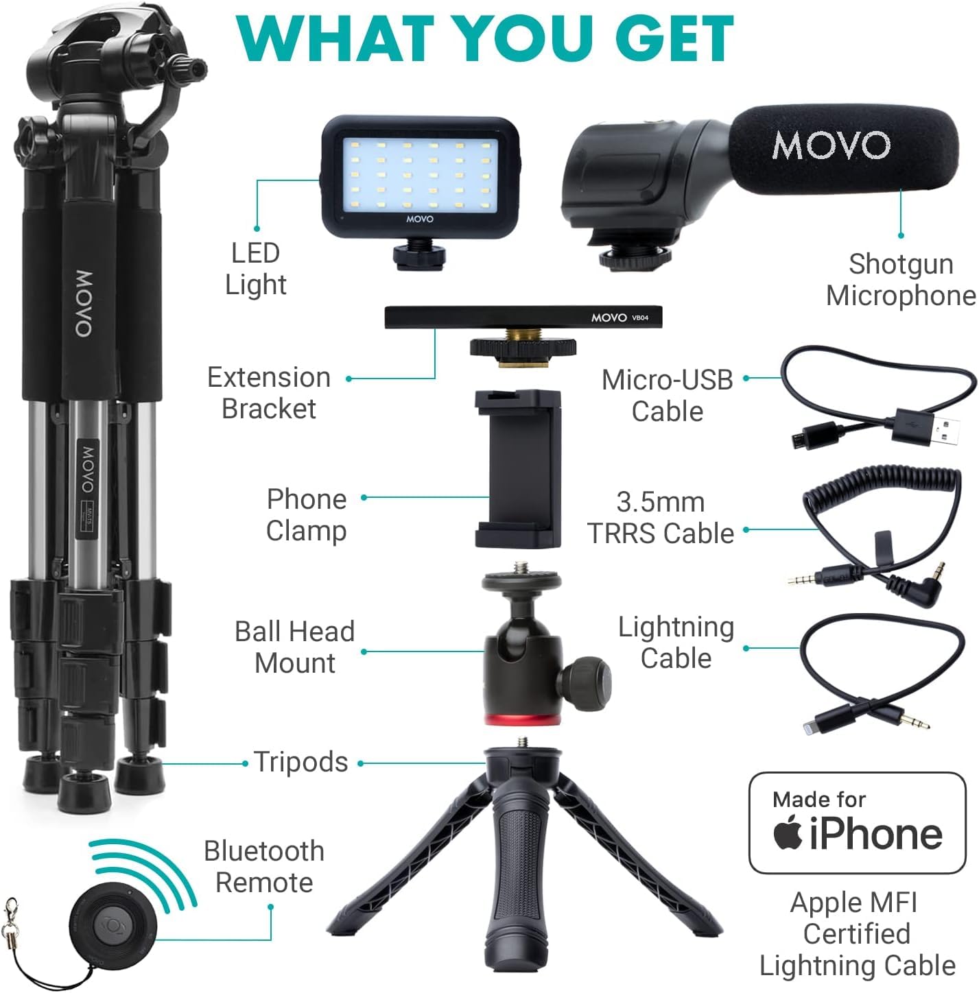 WHAT YOU GET

- LED Light
- Extension Bracket
- Phone Clamp
- Ball Head Mount
- Tripods
- Bluetooth Remote
- Micro-USB Cable
- 3.5mm TRRS Cable
- Lightning Cable
- Shotgun Microphone
- Made for iPhone
- Apple MFI Certified Lightning Cable