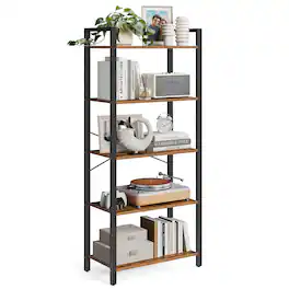 Songmics Home - 5-Tier Tall Bookshelf, Bookcase with Steel Frame, Book Shelf for Living Room, Home Office, Study, 11.8 x 26 x 60 Inches - Rustic Brown and Black