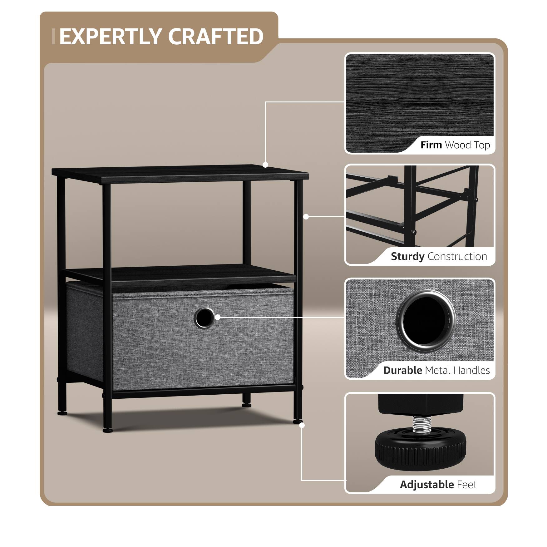 EXPERTLY CRAFTED

- Firm Wood Top
- Sturdy Construction
- Durable Metal Handles
- Adjustable Feet