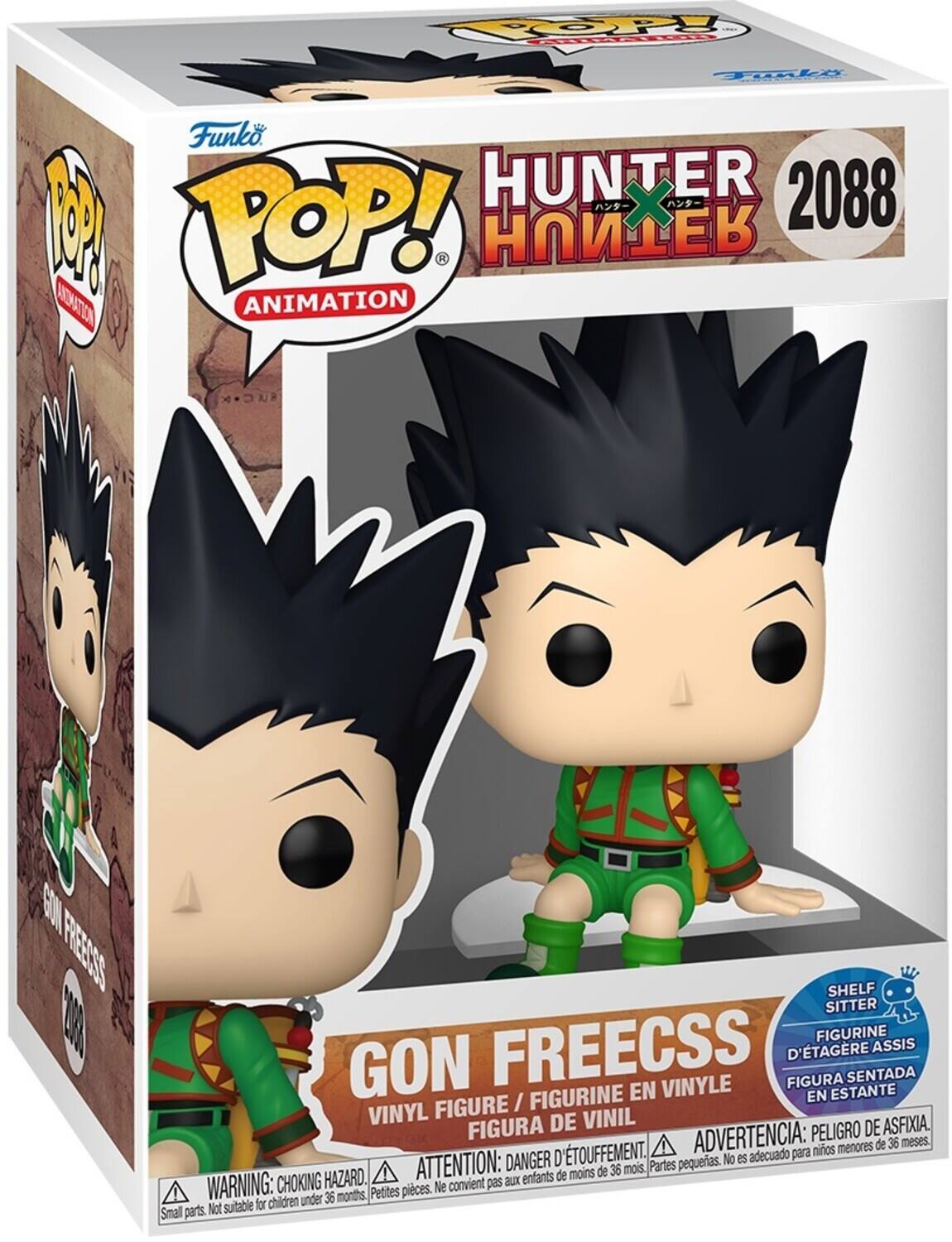 Sure, here is the corrected and grouped text from the image:

---

**Funko POP! ANIMATION**

**HUNTER X HUNTER**

**2088**

**GON FREECSS**

**VINYL FIGURE / FIGURINE EN VINYLE**

**SHELF SITTER / FIGURINE D'ÉTAGÈRE ASSIS / FIGURA SENTADA EN ESTANTE**

**WARNING: CHOKING HAZARD. Small parts. Not suitable for children under 36 months.**

**ATTENTION: DANGER D'ÉTOUFFEMENT. Petites pièces. Ne convient pas aux enfants de moins de 36 mois.**

**ADVERTENCIA: PELIGRO DE ASFIXIA. Partes pequeñas. No es adecuado para niños menores de 36 meses.**

---

This text is organized to reflect the information on the packaging of the Funko POP! figure.