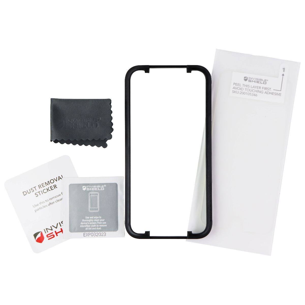 INVISIBLE PEEL SHIELD  
THIS LAYER AVOID FIRST  
SKU-200105346  
TOUCHING ADHESIVE  

INVISIBLE SHIELD  
REMOVE DUST STICKER  

1  
PEEL THIS LAYER FIRST  
AVOID TOUCHING ADHESIVE  
SKU-200105346  

DUST REMOVAL STICKER  
Use this to clear particles after Clean  

Use well to wipe to thoroughly clean your device's screen  
Then remove and dust  

INVIS SH  
EXPO32023