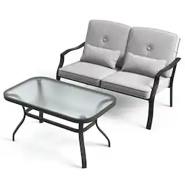 Boyel Living - Outdoor Loveseat Chair Set with Tempered Glass Coffee Table 48-in L x 30-in W x 29-in H - Gray