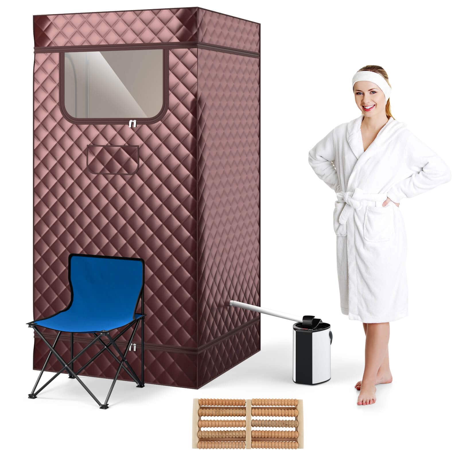 Front. Costway - Portable Steam Sauna for Home Full Body Sauna Box with 3L Steam Generator - Brown.