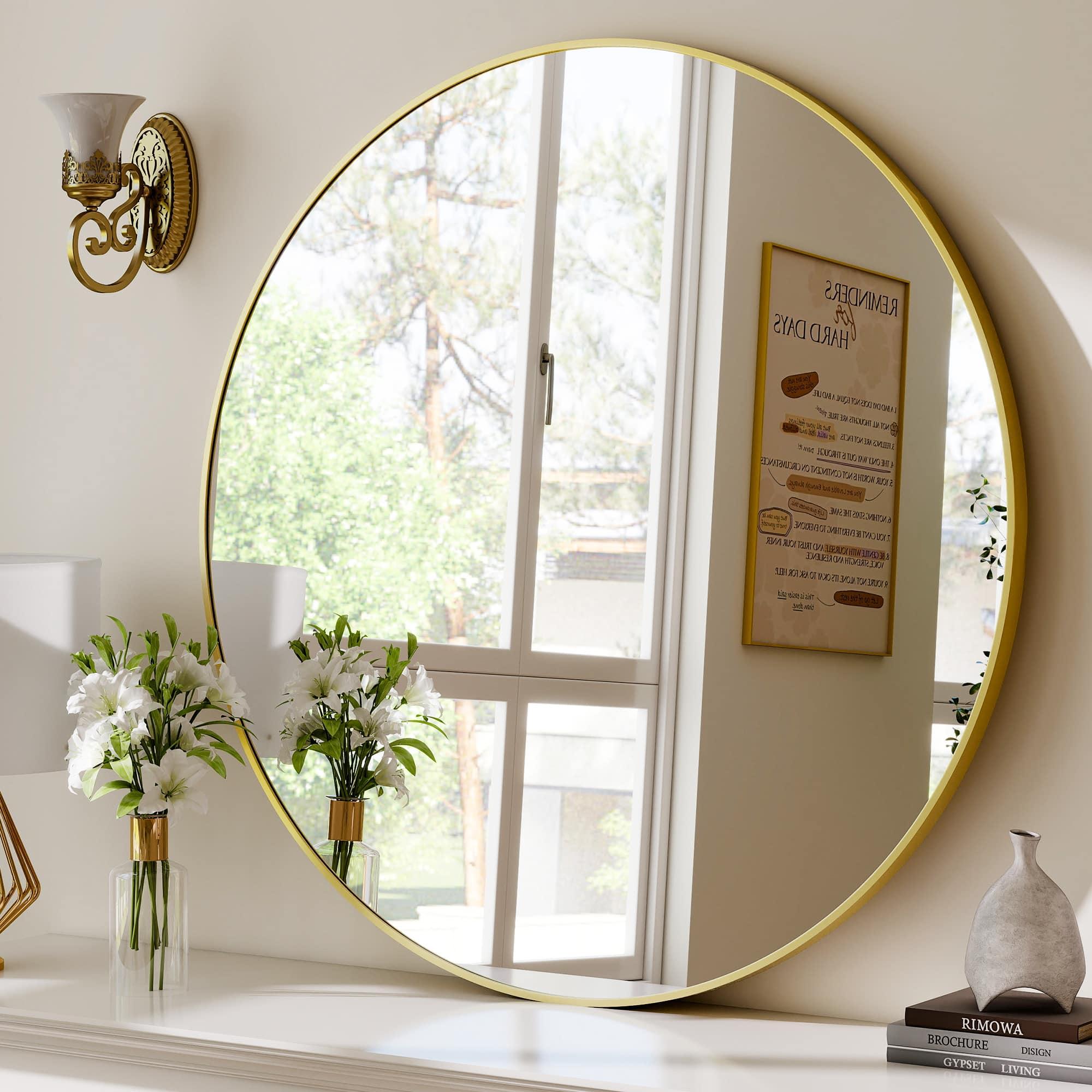 Easly - 24 in. W x 24 in. H Round Aluminum Alloy Frame Vanity Wall Mirror - Gold