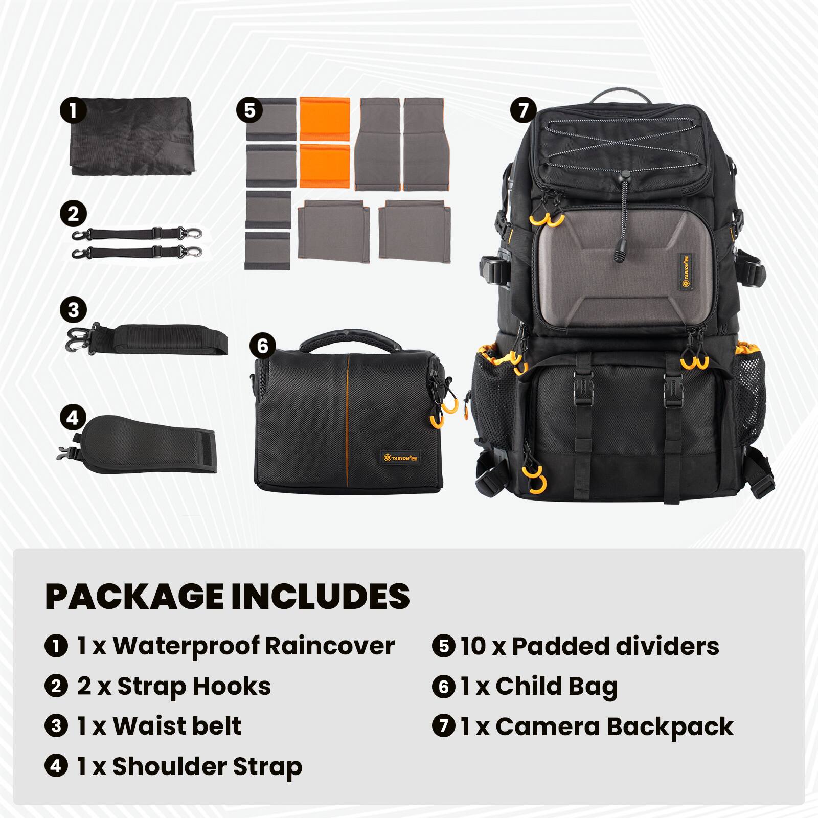 PACKAGE INCLUDES

1. 1x Waterproof Raincover
2. 2x Strap Hooks
3. 1x Waist belt
4. 1x Shoulder Strap
5. 10x Padded dividers
6. 1x Child Bag
7. 1x Camera Backpack