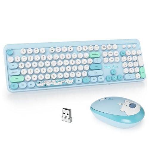 Comfort Essence - GTSP Colorful Brown Wireless and Mouse Combo Retro Typewriter Full-Size Cute Office 2.4GHz with Round Keycaps - Bear-blue
