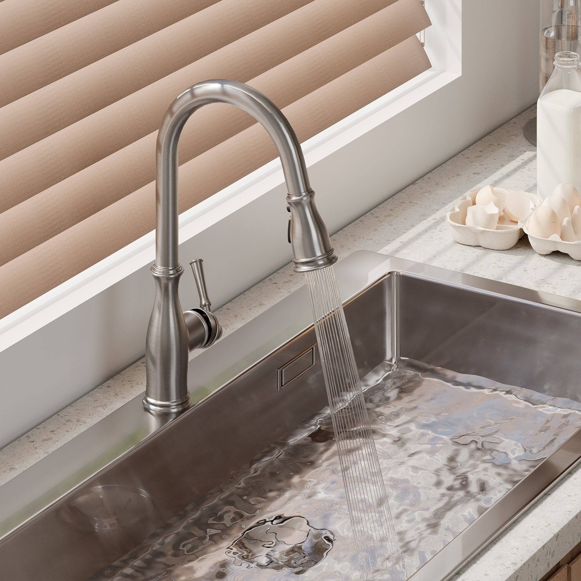 Alt View 2. Boyel Living - 3-Spray Patterns Single Handle Pull Down Sprayer Kitchen Faucet with Deck Plate and Ceramic Cartridge in Brushed Nickel - Brushed Nickel.