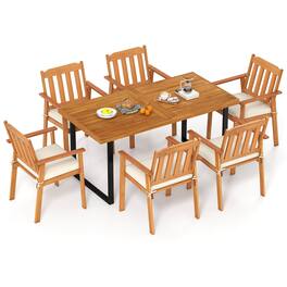Costway - 7PCS Patio Dining Table Set, 63" Table & 6 Acacia Wood Armchairs with Umbrella Hole - Natural,Black