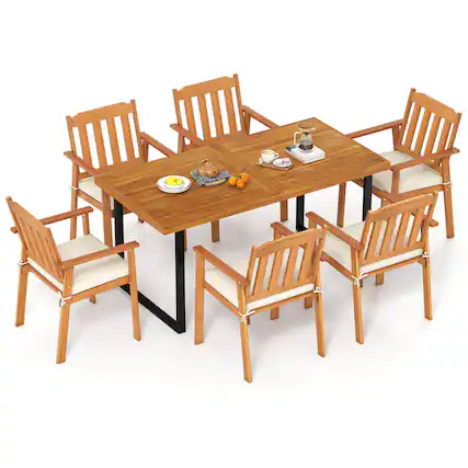 Front. Costway - Costway 7PCS Patio Dining Table Set, 63" Table & 6 Acacia Wood Armchairs with Umbrella Hole - Natural,Black.