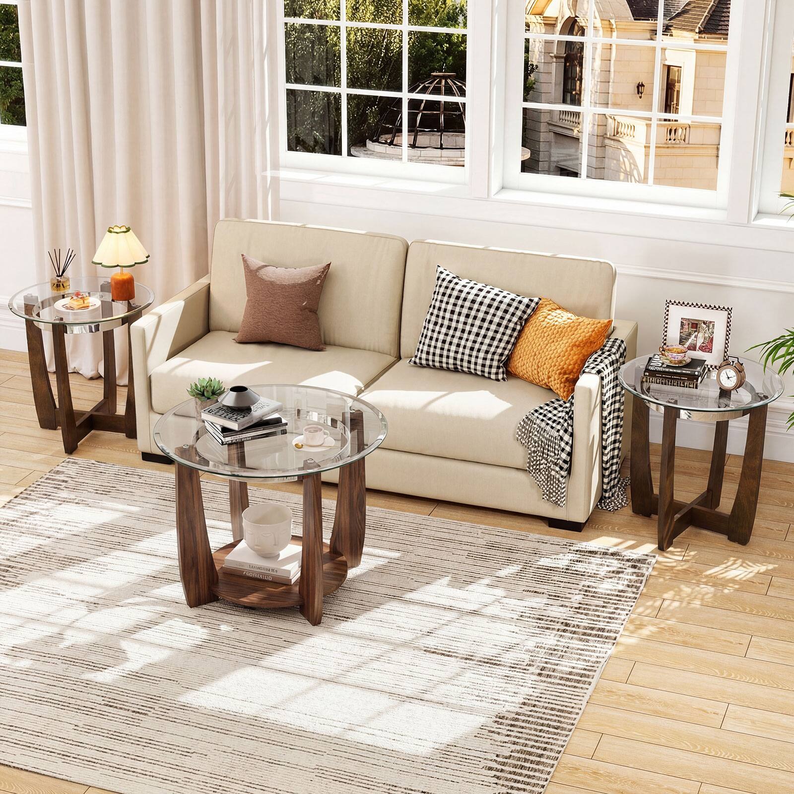 Alt View 3. Costway - Costway Tempered Glass Coffee Table Set of 3, 2-Tier Coffee Table & 2 Round End Tables - Transparent & Walnut.