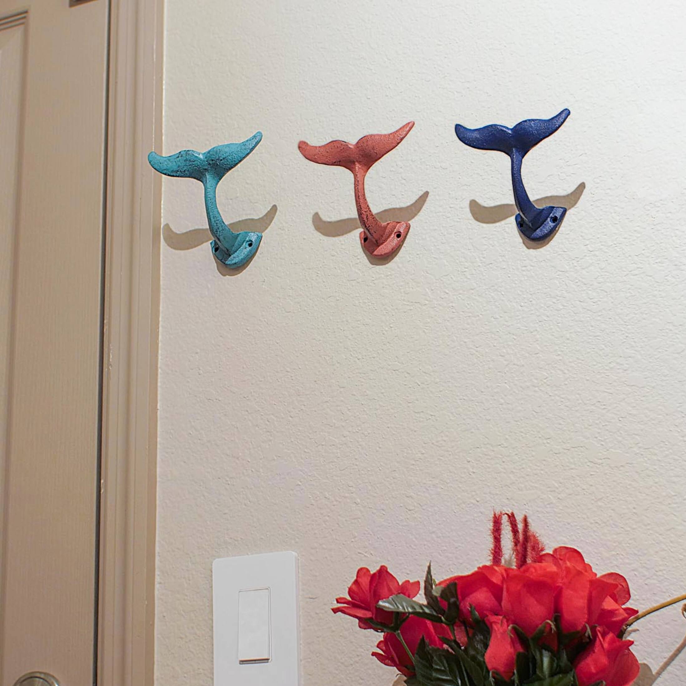 Alt View 5. Zeckos - Set of 3 Cast Iron Whale Tail Wall Hooks Coastal Nautical Distressed 5 Inch - Multicolored.
