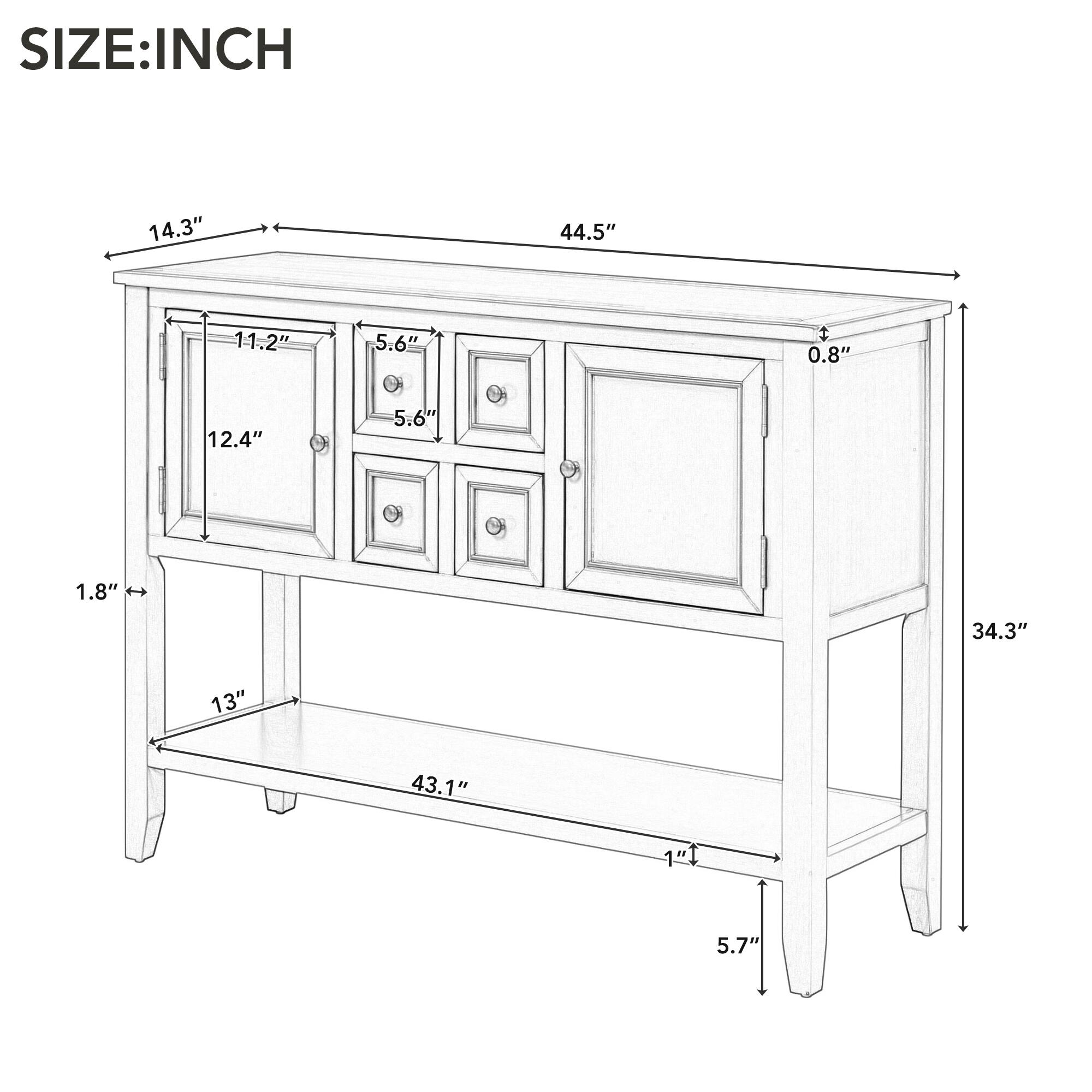 SIZE: INCH  
14.3" 44.5" 11.2" 5.6" 0.8" 12.4" 5.6" 1.8" 34.3" 13" 43.1" 1" 5.7"