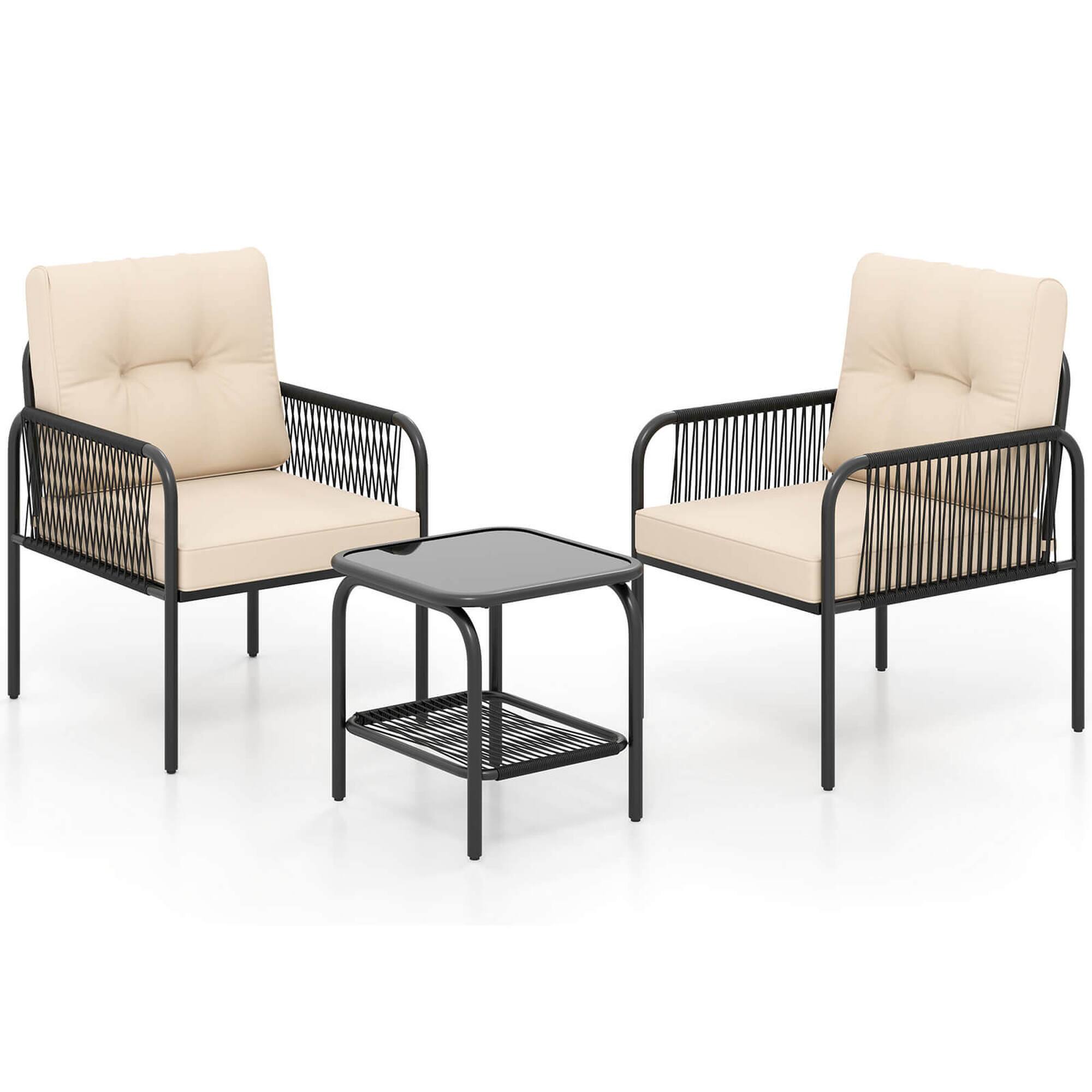 Alt View 9. Costway - Costway 3 PCS Patio Bistro Set with Tempered Glass Table Chairs Back and Seat Cushions - Beige.